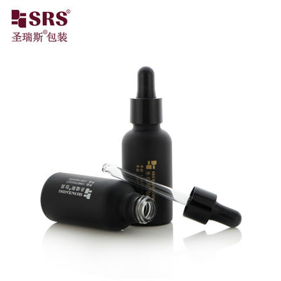 D001-50ml Frasco conta-gotas vazio com rótulo personalizável, revestimento preto fosco, design para produtos de cuidados pessoais e cuidados com a pele, com serviço de logotipo em hot stamping dourado