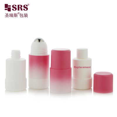 RPPE (S) -50ml 75ml Revestimento gradiente pulverizando frasco de rolo de gel desodorante recarregável rosa pêssego branco com grande embalagem de bola de massagem de metal de aço