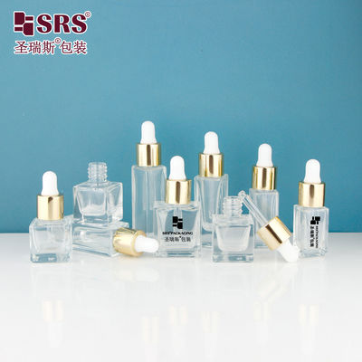 Frasco de Vidro Transparente Quadrado Vazio D1229-5ml Com Tampa Conta-Gotas de Alumínio Metálico Dourado Brilhante Tipo Rosca Bulbo de Silicone Branco Para Fragrância Perfumada