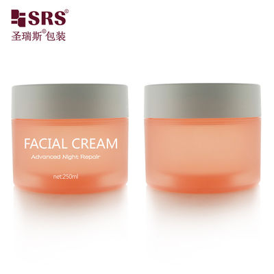 SRSJK-250g Forma cilíndrica redonda de grau alimentício frito laranja vazio frito Translúcido frasco de plástico com dupla camada de design fechamento de tampa branca para almofadas oculares